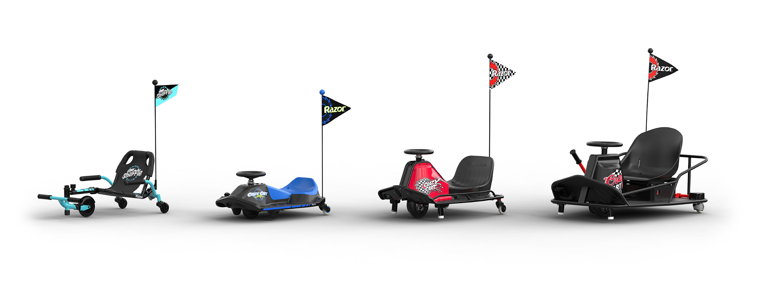 The family of Crazy Carts all lined up next to each other on a white background