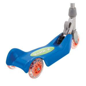 Folding Kiddie Kick scooter in blue back wheels left